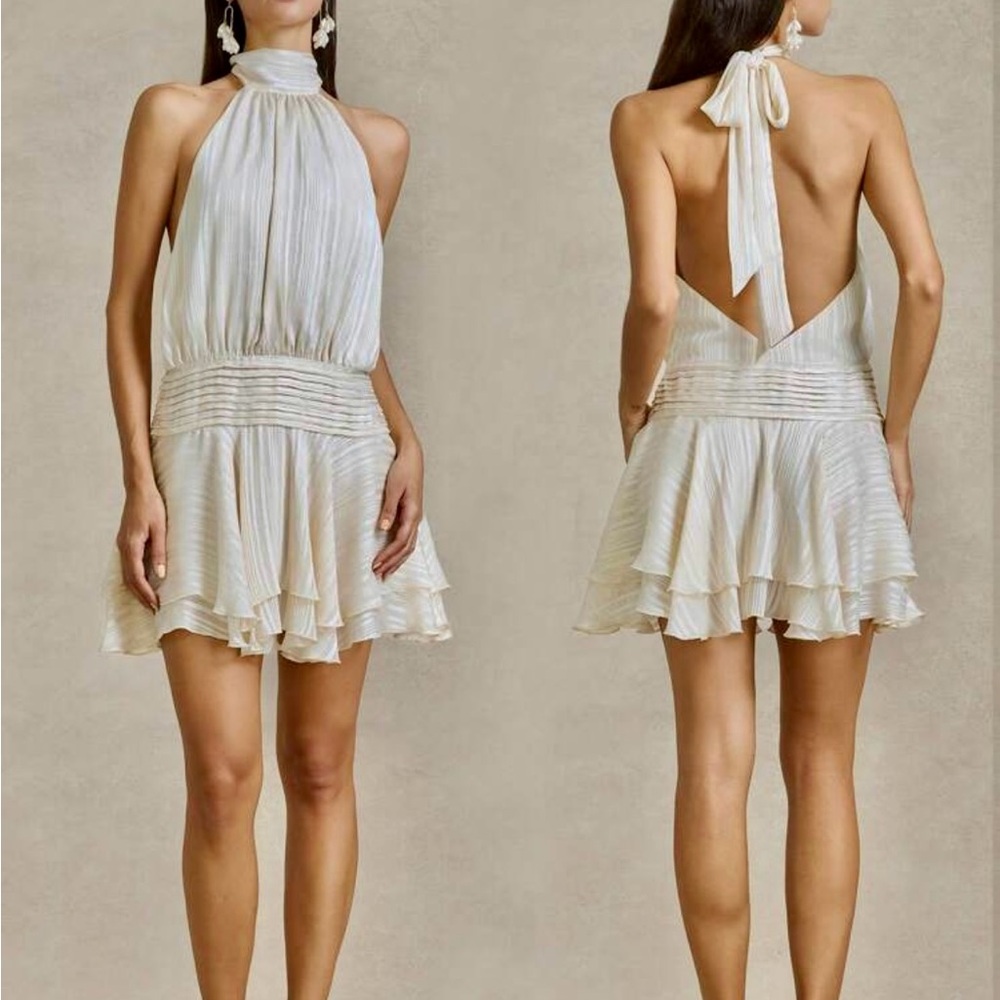Ruffle hem satin ivory off white mock neck tie open back halter mini dress - Picture 7 of 11